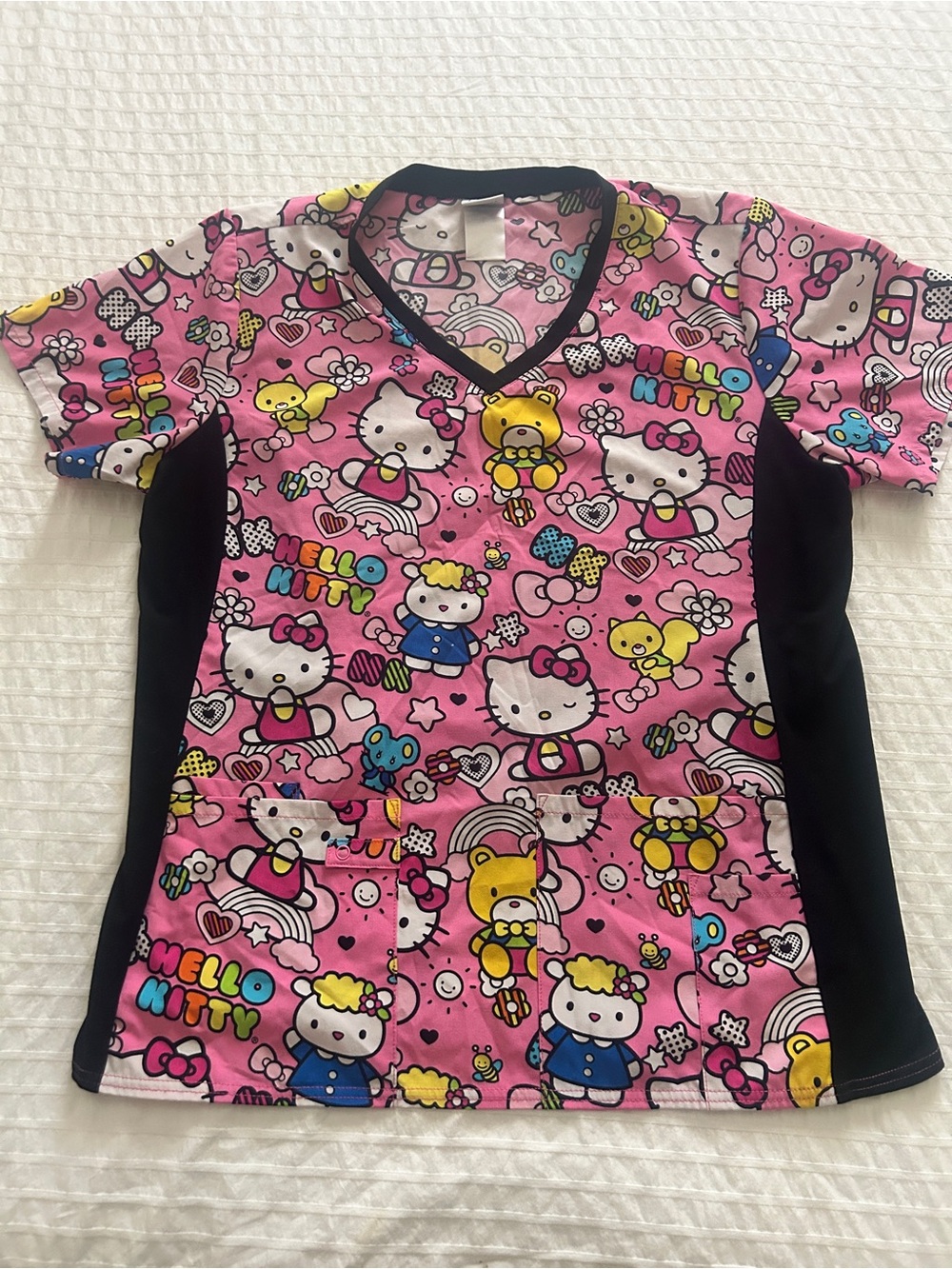 Hello Kitty Pink and Black Cartoon Print Scrub Top - Picture 2 of 4